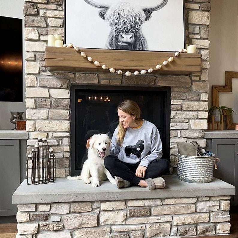 K&ouml;nnte beinhalten: Eine Frau sitzt auf einem steinernen Herd mit einem wei&szlig;en Hund. Sie tr&auml;gt ein graues Sweatshirt mit einer schwarzen Silhouette eines Hundes. Der Kamin hat einen Holzmantel mit einer Girlande aus wei&szlig;en Perlen.