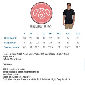 May include: Size chart for a Gildan G200 Adult Ultra Cotton&reg; 6 oz. CREW NECK T-Shirt. The chart shows measurements in inches for body length, body width, and sleeve length for sizes S through 5XL.