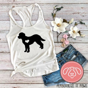 May include: White tank top featuring a black silhouette of a Greater Swiss Mountain Dog with a heart on its chest.