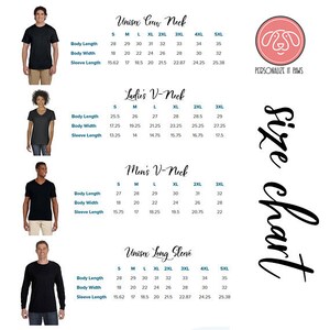 May include: Size chart for unisex crew neck, ladies' v-neck, men's v-neck, and unisex long sleeve shirts. The chart shows measurements in inches for body length, body width, and sleeve length for sizes S, M, L, XL, 2XL, 3XL, 4XL, and 5XL.