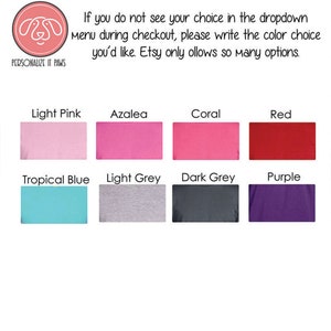 May include: Color chart showing 10 different colors of fabric. The colors are: Light Pink, Azalea, Coral, Red, Tropical Blue, Light Grey, Dark Grey, Purple.
