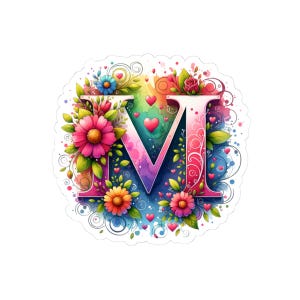 Adesivos florais com a letra inicial M - Decoração vibrante e personalizável para laptops, garrafas de água, diários, presentes, lembrancinhas