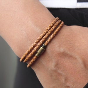 Light Brown Braided Leather Men&#39;s Triple Wrap Bracelet