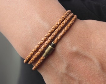 Light Brown Braided Leather Men's Triple Wrap Bracelet