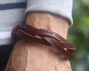 Gepersonaliseerde gevlochten leren armband - gegraveerde naamarmband voor heren