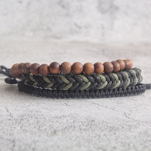 Wood Bead Bracelet Set: Mens Boho Braided Rope Bracelets