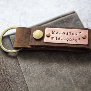 Personalized Leather Keychain, Key ring Monogrammed Accessory, Custom Coordinate Keychain, Anniversary Gift for Him image 1