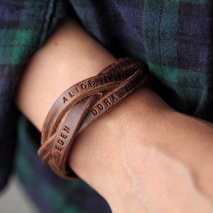 Personalized Gift, Mens Leather Bracelet, Family Names Bracelet, Custom Names Bracelet, Gift for Him, Fathers Day Gift, for dad