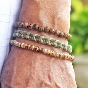 Pulseras de cuentas de coco para hombre: pulseras de cáñamo bohemias hechas a mano