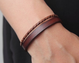 Dark Brown Leather Bracelet for Men: Braided Cord Cuff