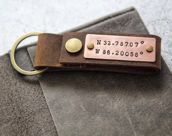 Personalized Leather Keychain, Key ring Monogrammed Accessory, Custom Coordinate Keychain, Anniversary Gift for Him