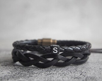 Personalized Braided Leather Mens Bracelet Set with Initial