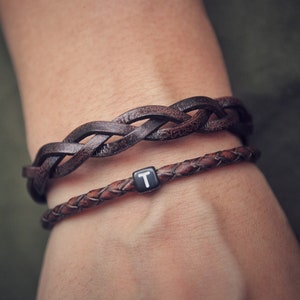 Leather Initial Bracelet Set: Braided Personalized Women&#39;s Jewelry