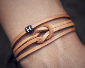 Personalized Leather Love Knot Bracelet with Initial Charm
