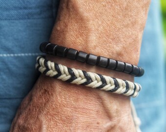 Herenarmbandenset: boho-armbanden met houten kraal en gevlochten touw