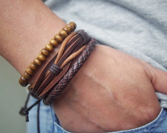 Leather Bracelet for Father, Bracelet for Boyfriend, Yoga Boho Beaded Bracelet, Gift for Husband, Gift for him, Christmas gift set of 3