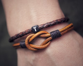 Personalized Leather Bracelet Set: Knot Bracelet & Initial Charm