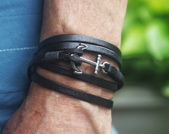 Zwarte leren wikkelarmband voor heren: roestvrijstalen anker, handgemaakt