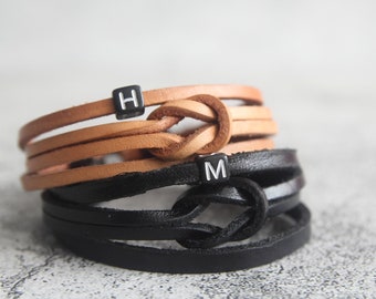 Personalized Leather Love Knot Bracelet: Custom Initial Charm