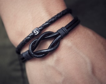 Men's Leather Bracelet Set: Personalized Knot Bangle with Initial