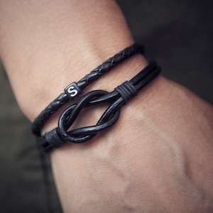 Personalized Men&#39;s Leather knot bracelet With Initial charm , Mens bracelet set,Knot Bracelet, Personalised monogram bracelet for men