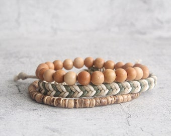 Boho kokosnoot kralenarmbandenset: handgemaakte hennepgevlochten armbanden