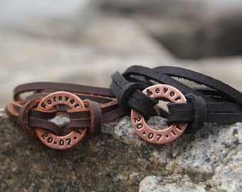 Personalized Couple's Leather Bracelet Set, Hand Stamped Washer