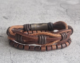 Leren herenarmbandenset: gevlochten bohohouten kralenarmbanden