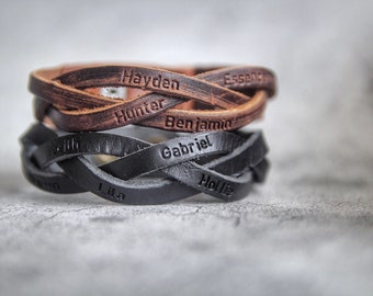 Mens Leather Bracelet With Kids Names, Personalized Gift For Men, Family Names Bracelet, New Dad Gift, Dad Bracelet, Gift for Him
