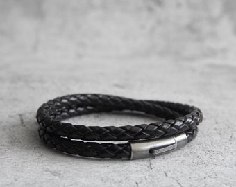 Mens Braided Leather Double Wrap Bracelet: Magnetic Clasp