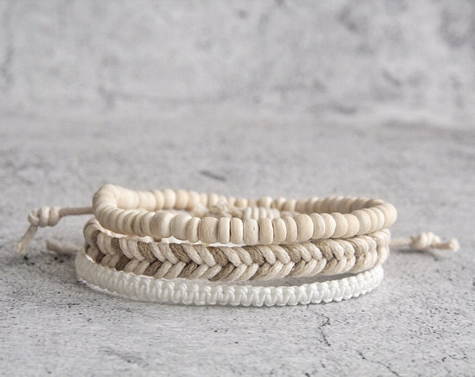 Boho Beaded Bracelet Set: Minimalist Beads Summer Style, Braided Rope (Set of 3)