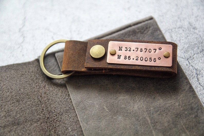 Personalized Leather Keychain, Key ring Monogrammed Accessory, Custom Coordinate Keychain, Anniversary Gift for Him image 1