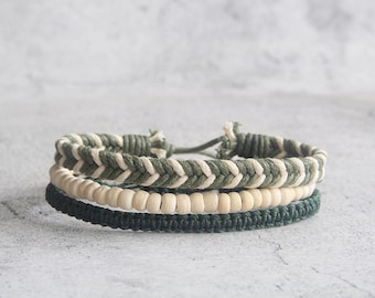 Wood Bead Bracelet Set: Handmade Hemp Braided Boho Style