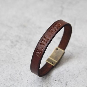 Personalized Gift for Him, Custom Leather bracelet, Anniversary Date Bracelet, Gift for Her, Gift for Boyfriend, Fathers Day Gift image 1