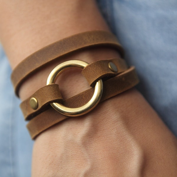 Bracelets en cuir Wrap pour femmes, bracelet anneau cercle pour femmes, bracelet minimaliste, bracelet Boho, cadeau pour elle, cadeau pour un ami