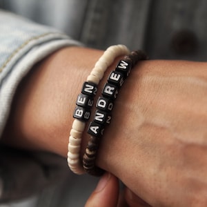Personalized Mens Wooden Bracelet: Custom Name Initial Beaded Bracelet