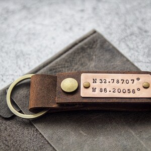 Personalized Leather Keychain, Key ring Monogrammed Accessory, Custom Coordinate Keychain, Anniversary Gift for Him image 2
