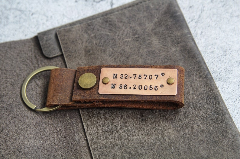 Personalized Leather Keychain, Key ring Monogrammed Accessory, Custom Coordinate Keychain, Anniversary Gift for Him image 3