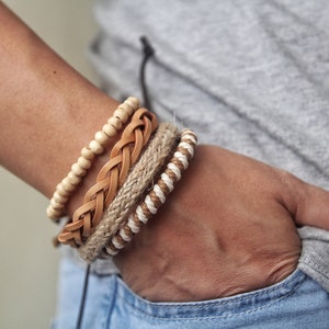 Boho Leather Bracelet Set: Wood Bead, Braided Rope, Adjustable