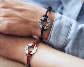 Personalized Leather Couples Bracelet, Hand Stamped Washer Set