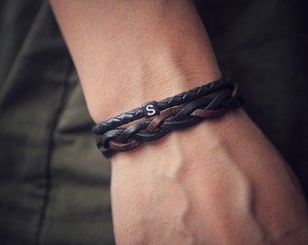 Braided Leather Bracelet Set: Initial Charm, Adjustable Couple Bracelet