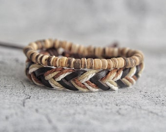 Boho-armbandenset voor heren: kokoskraal en gevlochten hennep
