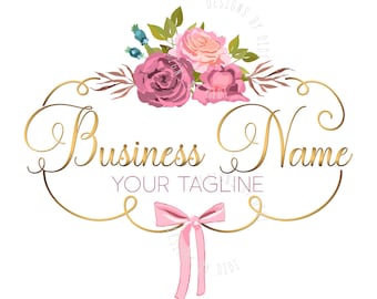 Flower logo design, logo design boutique , watercolor pink flowers, flowers bow Logo, fashion logo, vector beauty logo, feminine logo