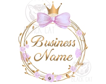 May include: A gold-colored circular logo design with the text "Business Name" in a script font. The logo features a gold crown, a light purple bow, and a floral wreath with light purple flowers and gold leaves. The words "The Black Cat" are also in the logo.