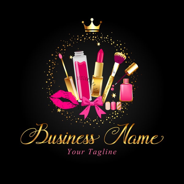 Make-up-Logo, Beauty-Logo, individuelles Logo-Design für Wimpern, Kosmetik-Make-up-Nägel-Logo in Goldrosa, Kronen-Beauty-Kosmetik-Logo, Kosmetikerin-Logo