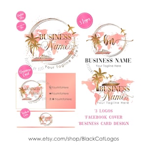 Reislogo, cruiselogo vliegtuigschip, logo reisbureau, bedrijfsbranding reisbureau, sjabloonset palmboom visitekaartjes vector logo