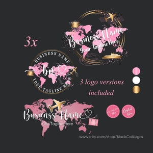 Travel Logo, 3 X logo travel versions, Round circle rose gold logo design, travel Business Logo, Travel Agent Logo, vector travel agency