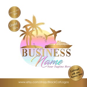Travel Logo, travel agency business branding template, palm tree sunset wave exotic rainbow design, cruise ship airplane trip advisor pastel