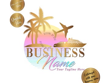 Travel Logo, travel agency business branding template, palm tree sunset wave exotic rainbow design, cruise ship airplane trip advisor pastel