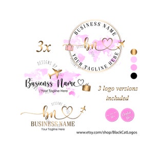 Travel Logo, 3 X logo travel versions, travel agent agency logo, pink gold travel logo, travel Business Logo rose gold aircraft world map